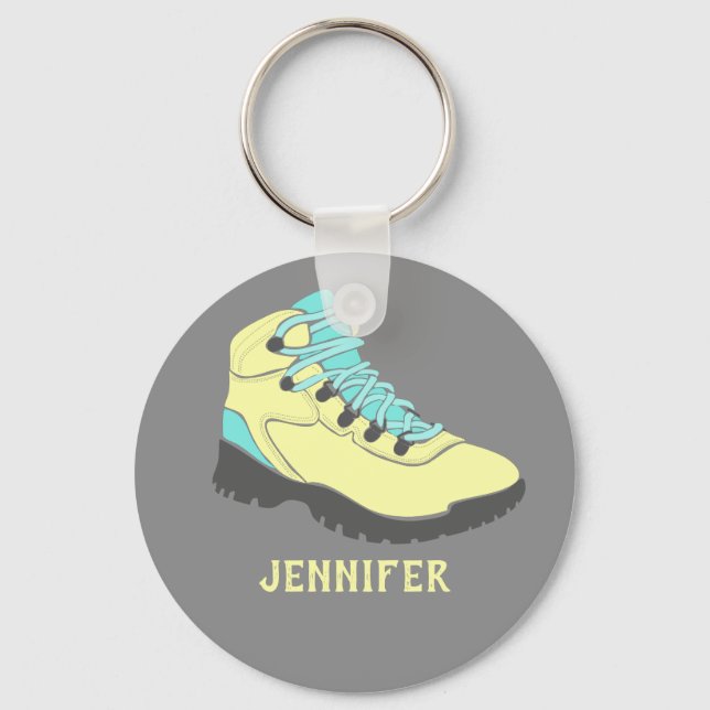 Pale Yellow Hiking Boot Personalized Grey Keychain (Front)