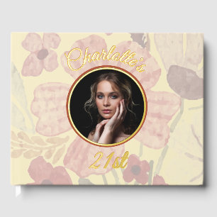 Pale Yellow Indian Red Floral Watercolor Birthday Guest Book