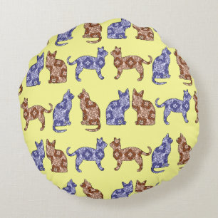 Pale Yellow Paisley Cats Pattern Throw Pillow