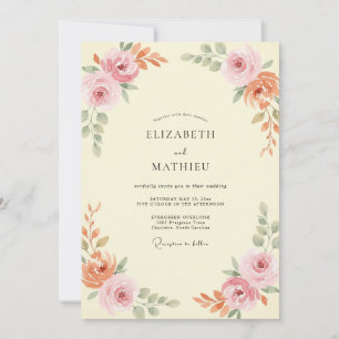 Pale Yellow Peach Botanical Watercolor Wedding Invitation
