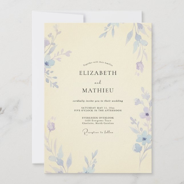 Pale Yellow Periwinkle Leaf Wedding Invitation (Front)
