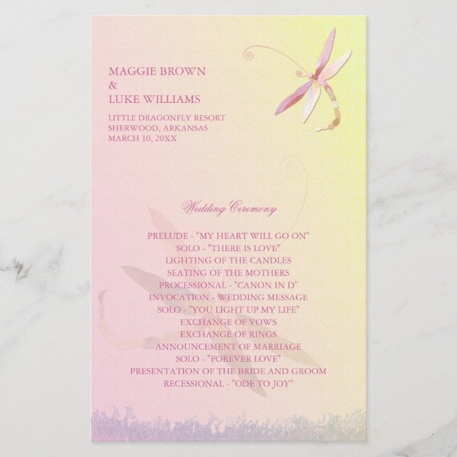 Pale Yellow & Pink Dragonfly Wedding Program (Front)