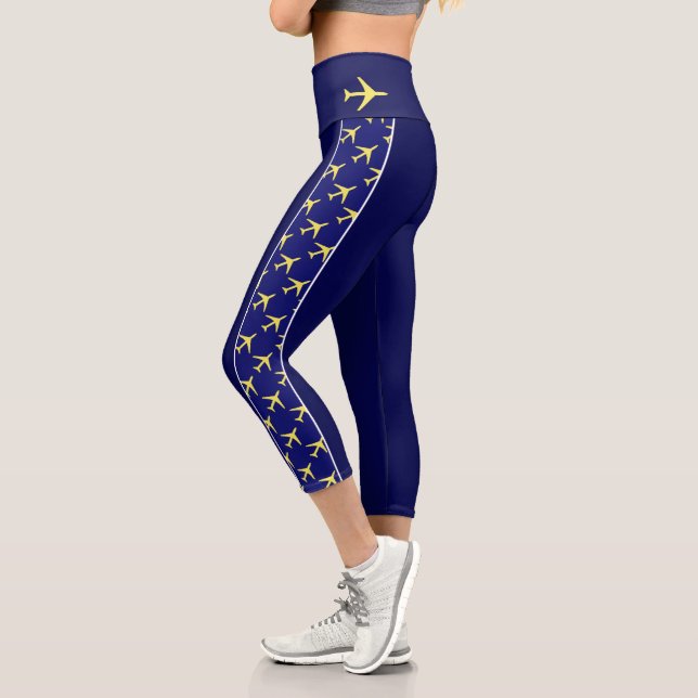 Pale Yellow Plane Airplane Aviation Fly Airways Capri Leggings (Left)
