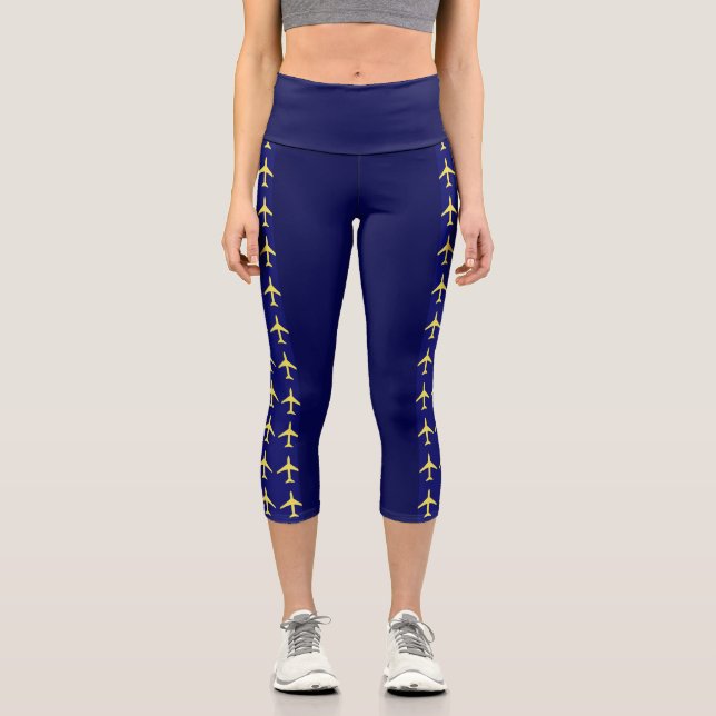 Pale Yellow Plane Airplane Aviation Fly Airways Capri Leggings (Front)