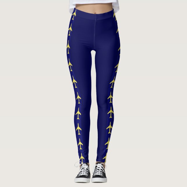 Pale Yellow Plane Airplane Aviation Fly Airways Leggings (Front)