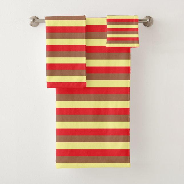 Pale Yellow, Red and Brown Stripes Bath Towel Set (Insitu)