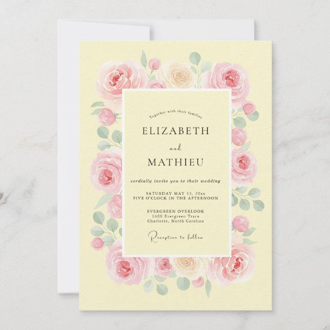 Pale Yellow Refined Botanical Wedding Invitation (Front)