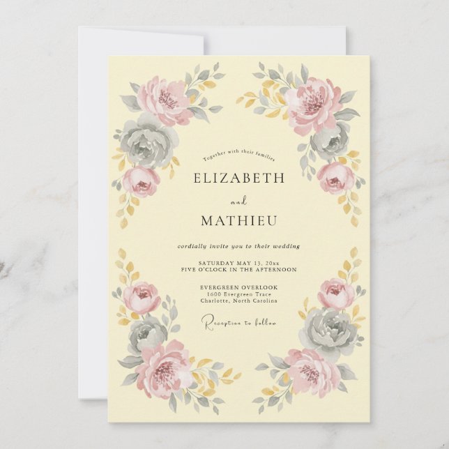 Pale Yellow Romantic Floral Wedding Invitation (Front)