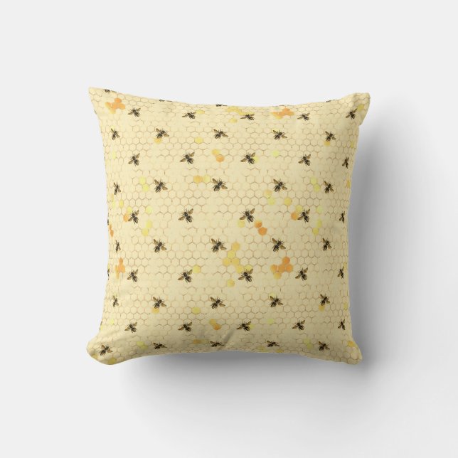 Pale Yellow Trendy, Honey Bee, Honey Comb Pattern Throw Pillow (Front)