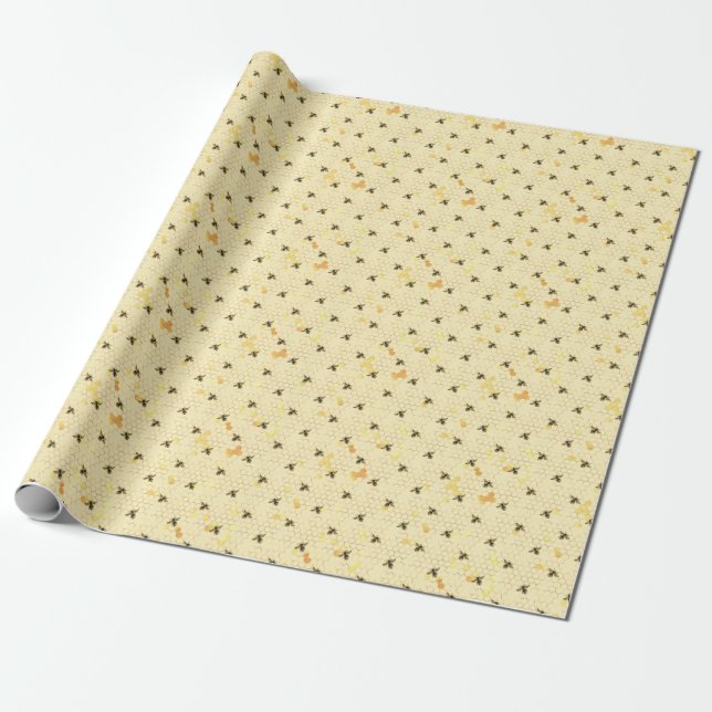 Pale Yellow Trendy, Honey Bee, Honey Comb Pattern Wrapping Paper (Unrolled)