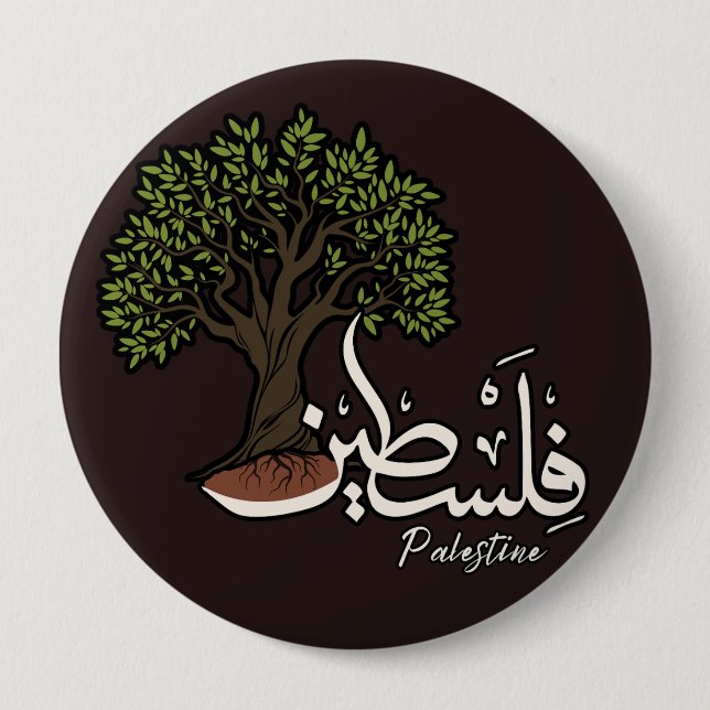 Palestine Arabic word with Palestinian Olive Tree  4 Inch Round Button (Front)
