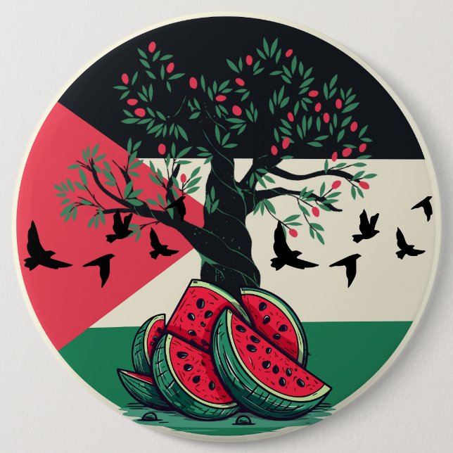 palestine culuture palestine watermelon olive tree 6 inch round button (Front)