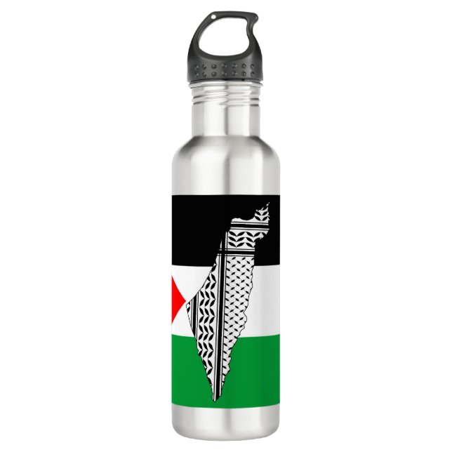  Palestine Flag and Map with Keffiyeg Pattern 710 Ml Water Bottle (Front)