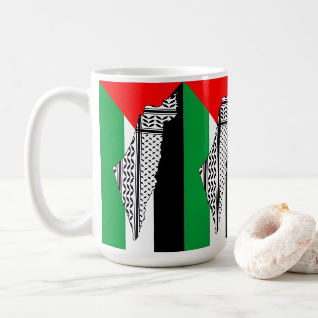 Palestine Flag and Map with Keffiyeg Pattern Coffee Mug (With Donut)