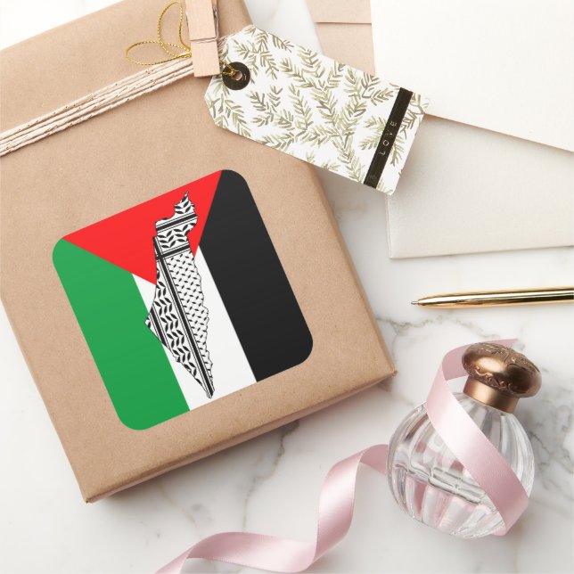  Palestine Flag and Map with Keffiyeg Pattern Square Sticker (Gifting)