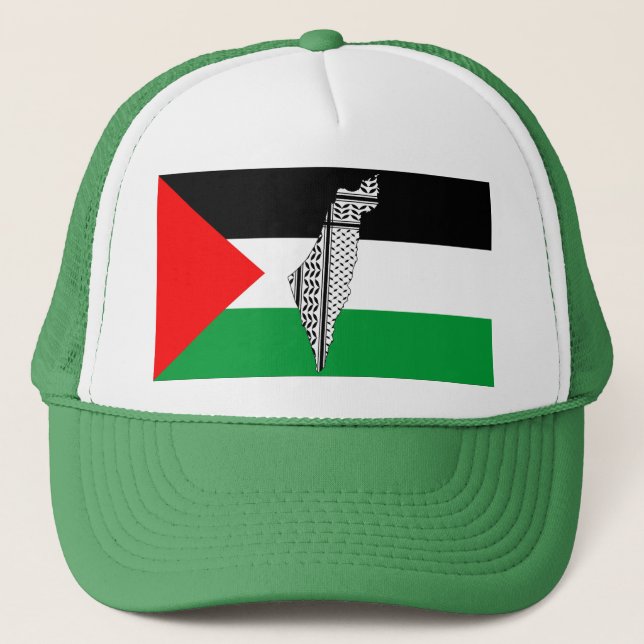  Palestine Flag and Map with Keffiyeg Pattern Trucker Hat (Front)