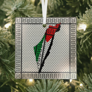 Palestine Map whith Flag and Keffiyeg Pattern Glass Ornament