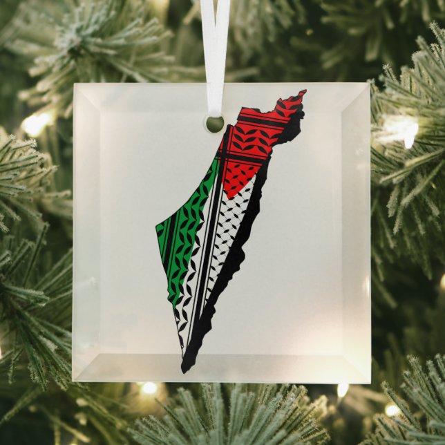 Palestine Map whith Flag and Keffiyeg Pattern Glass Ornament (Insitu)