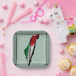 Palestine Map whith Flag and Keffiyeg Pattern Paper Plate