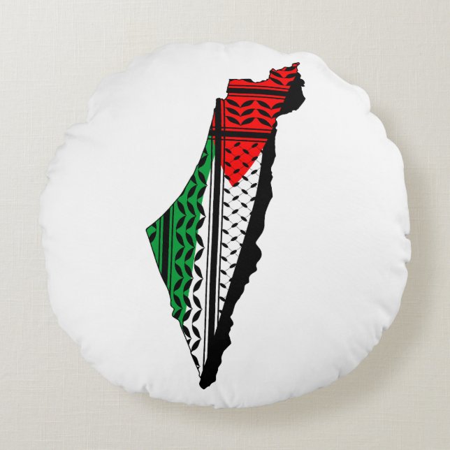 Palestine Map whith Flag and Keffiyeg Pattern Round Pillow (Front)