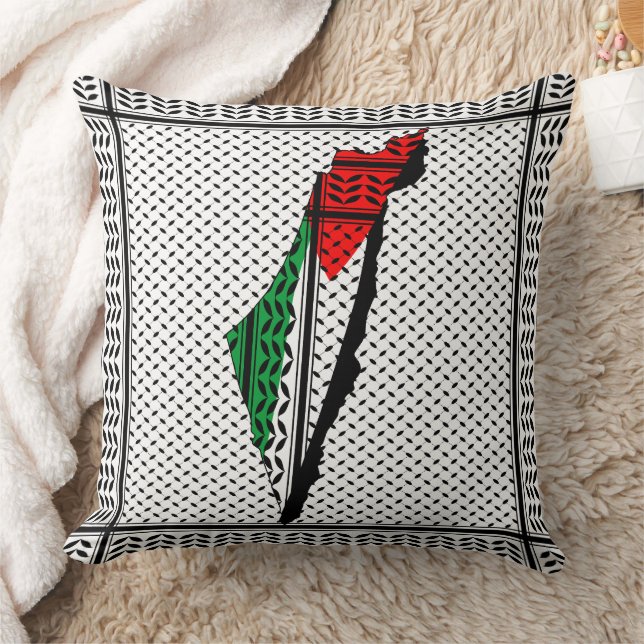 Palestine Map whith Flag and Keffiyeg Pattern Throw Pillow (Blanket)