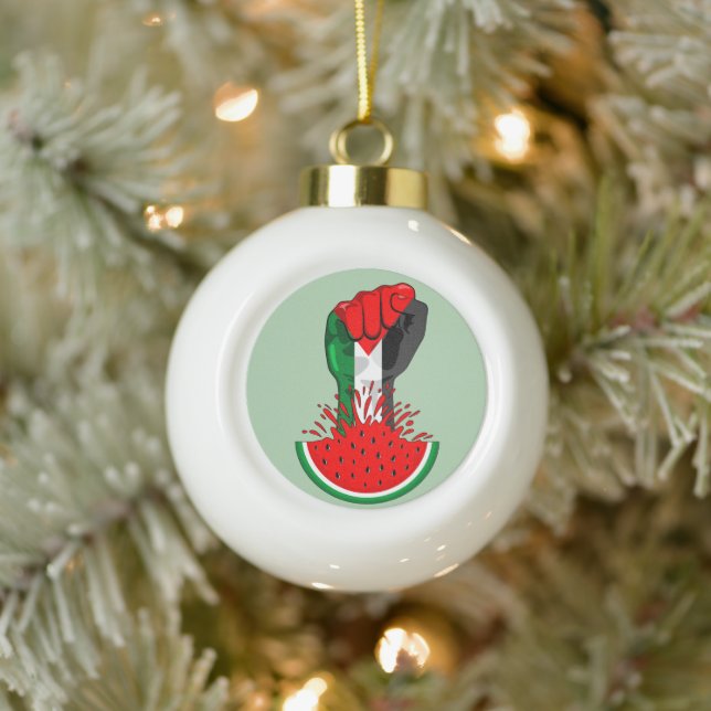 Palestine resistance fist on Watermelon Ceramic Ball Christmas Ornament (Tree)