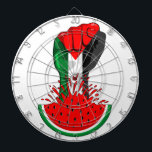 Palestine resistance fist on Watermelon Dartboard<br><div class="desc">Palestine Flag on Revolution Fist Symbol of freedom coming out from a Watermelon. In occupied Palestine, watermelon is a symbol of resistance. With its colours mirroring the Palestinian flag, the fruit can be seen from the stone walls of Gaza to the galleries of Ramallah, hinting at the political history of...</div>