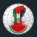 Palestine resistance fist on Watermelon Dartboard<br><div class="desc">Palestine Flag on Revolution Fist Symbol of freedom coming out from a Watermelon. In occupied Palestine, watermelon is a symbol of resistance. With its colours mirroring the Palestinian flag, the fruit can be seen from the stone walls of Gaza to the galleries of Ramallah, hinting at the political history of...</div>
