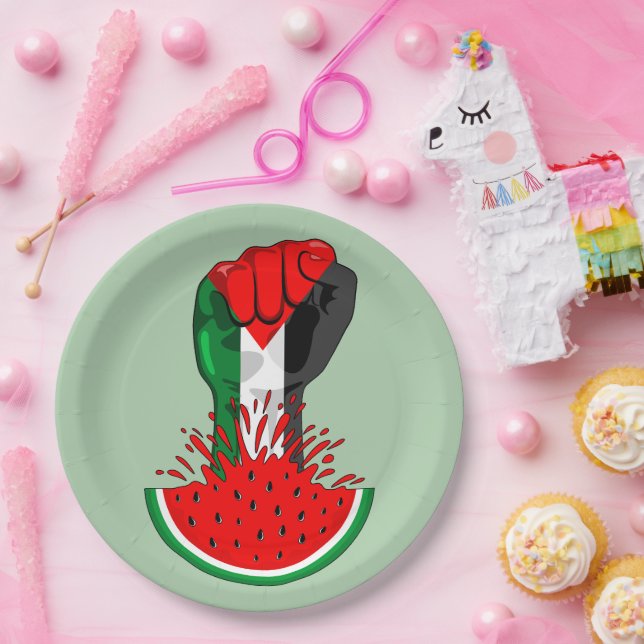 Palestine resistance fist on Watermelon Paper Plate (Party)