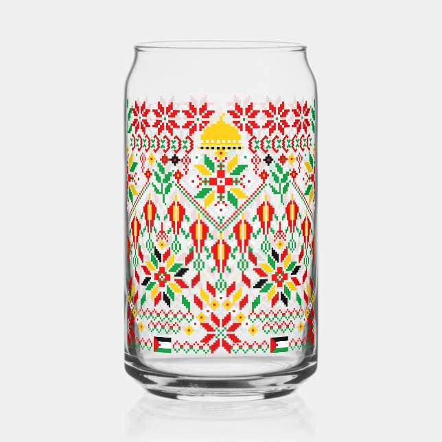 Palestine Tatreez Traditional Embrodery Can Glass (Front)