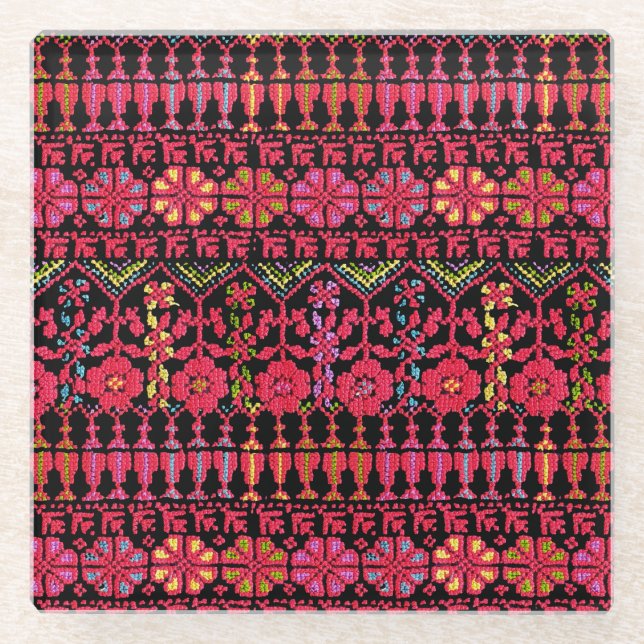 Palestinian Embroidery Tatreez printed Design Glass Coaster (Front)