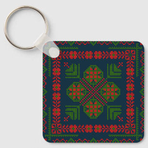 Palestinian Embroidery Tatreez red green 5 Pattern Keychain