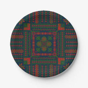 Palestinian Embroidery Tatreez red green 5 Pattern Paper Plate