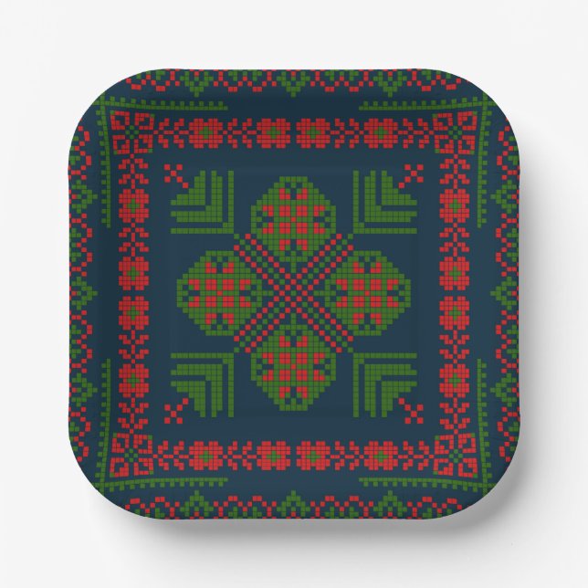 Palestinian Embroidery Tatreez red green 5 Pattern Paper Plate (Front)