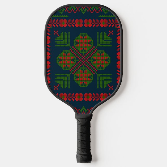 Palestinian Embroidery Tatreez red green 5 Pattern Pickleball Paddle (Front)