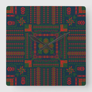 Palestinian Embroidery Tatreez red green 5 Pattern Square Wall Clock