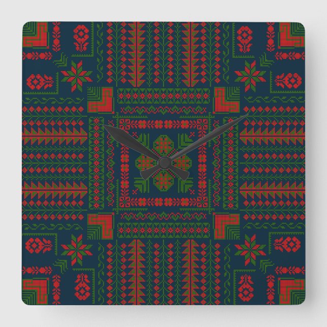 Palestinian Embroidery Tatreez red green 5 Pattern Square Wall Clock (Front)