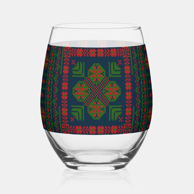 Palestinian Embroidery Tatreez red green 5 Pattern Stemless Wine Glass (Front)