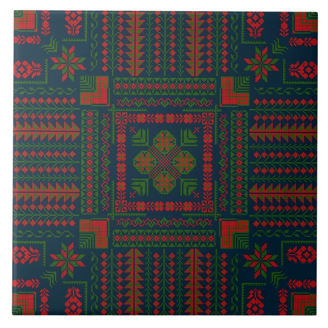 Palestinian Embroidery Tatreez red green 5 Pattern Tile (Front)