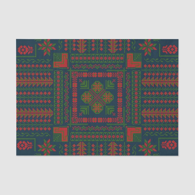 Palestinian Embroidery Tatreez red green 5 Pattern Tissue Paper (Front)