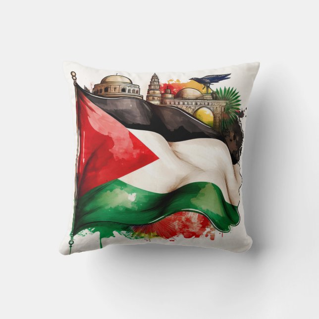 Palestinian Flag and Landmarks Throw Pillow (Back)