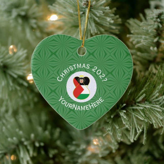 Palestinian Flag Christmas Angel Name Year Heart Ceramic Ornament (Tree)