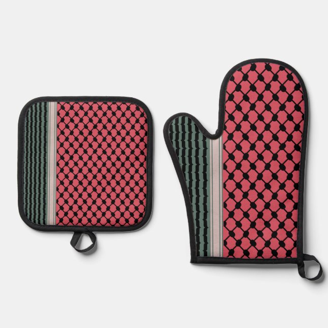 Palestinian watermelon Hatta Keffiyeh Kufiya Folk Oven Mitt & Pot Holder Set (Front)