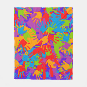 "Palette of Imprints: Exploring Colorful Handprint Fleece Blanket