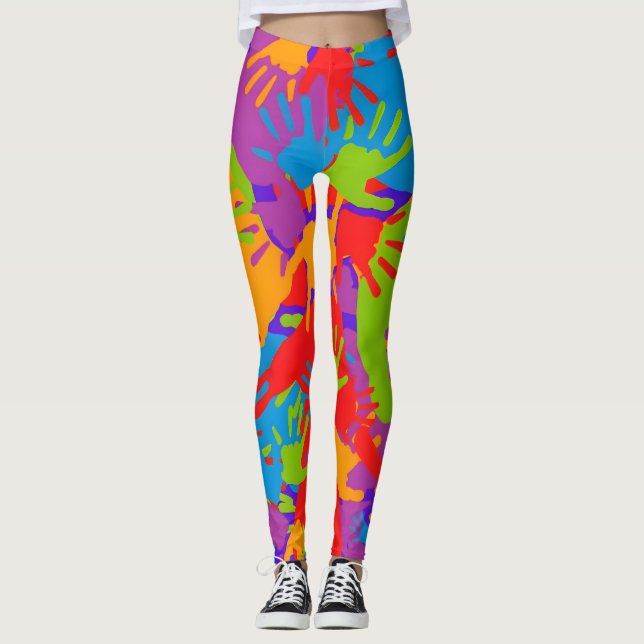 "Palette of Imprints: Exploring Colourful Handprin Leggings (Front)