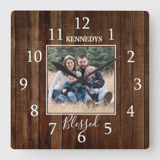 Pallet Wood Family Name Photo Blessed Farmhouse Square Wall Clock