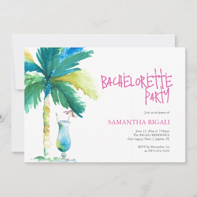 Palm and Cocktail Bachelorette Invites (Front)