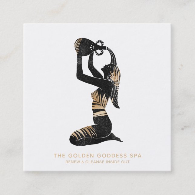 *~* Palm Bathing Golden Goddess with Water Urn Spa Square Business Card (Front)