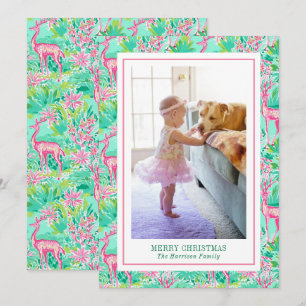 Palm Beach Christmas Pink & Green Reindeer Photo Holiday Card
