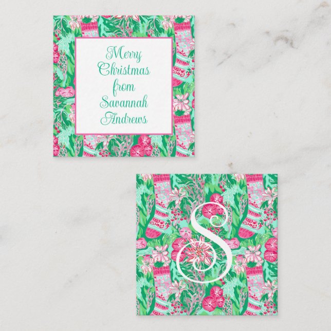 Palm Beach Christmas Pink Green Stocking Enclosure Card (Front/Back)
